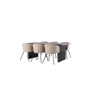 Hioshop Vail eethoek tafel zwart en 6 berit stoelen beige product