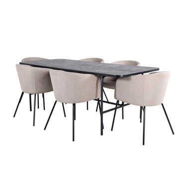 Hioshop UnoBL eethoek eetkamertafel zwart en 6 Berit eetkamerstal beige product