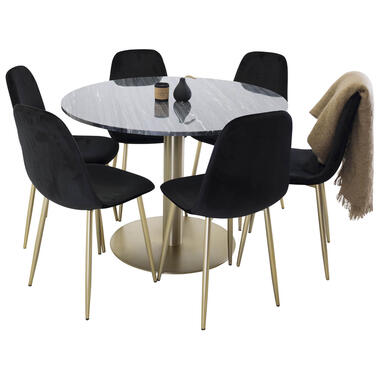 Hioshop EstelleØ106BLBR eethoek eetkamertafel zwart- marmer en 6 Polar product