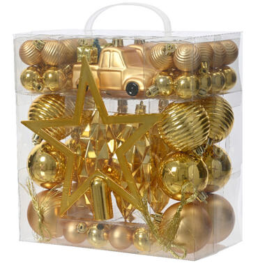 Decoris kerstballen, ornamenten en piek - set -67x-goud-kunststof product