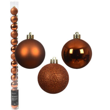 Decoris Mini kerstballen - 14x- cognac bruin - D3 cm - kunststof product