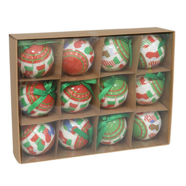 Gerimport Kerstballen - 12x - 7,5 cm - rood/groen/wit - kunststof product