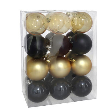 Gerimport kerstballen - 24x st- 7 cm - zwart/goud - kunststof product