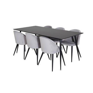 Hioshop SilarBL180 eethoek eetkamertafel zwart en 6 Velvet eetkamerstal product