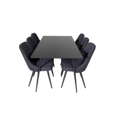 Hioshop SilarBL180 eethoek eetkamertafel zwart en 6 Velvet Deluxe eetkamerstal product