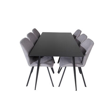 Hioshop SilarBL180 eethoek eetkamertafel zwart en 6 Gemma eetkamerstal grijs product