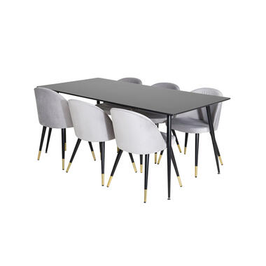 Hioshop SilarBL180 eethoek eetkamertafel zwart en 6 Velvet eetkamerstal product