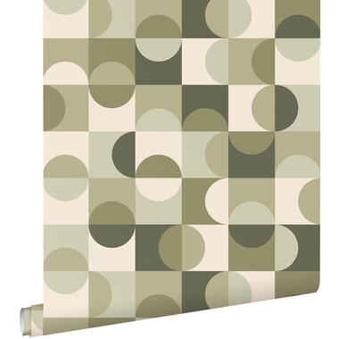 ESTAhome behang - cirkels in Bauhaus stijl - vergrijsd groen en beige product