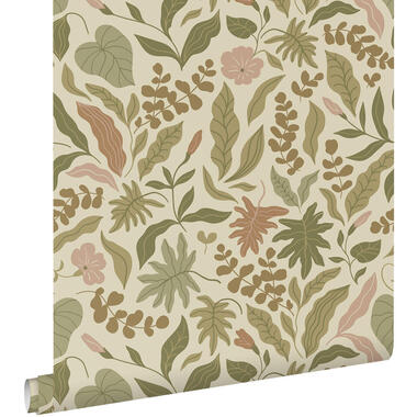 ESTAhome behang - bladeren en bloemen - olijfgroen, terracotta en roze product