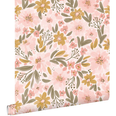 ESTAhome behang - bloemen - licht roze, okergeel en vergrijsd groen product