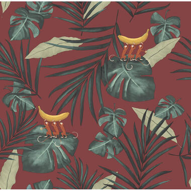Walls4You behang - apen en jungle bladeren - rood en groen - 53 cm x 10 m product