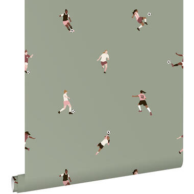 ESTAhome behang - voetbalspeelsters - vergrijsd groen - 50 x 900 cm - 131281 product