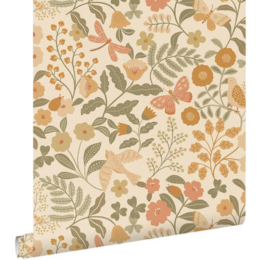 ESTAhome behang - bloemen en vogels - oranje en vergrijsd groen product
