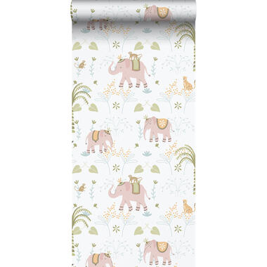 Sanders & Sanders behang - olifanten - roze, groen en wit - 53 cm x 10.05 m product