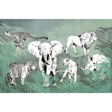 Sanders & Sanders fotobehang - jungle dieren - blauw, groen en zwart wit product