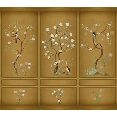 Sanders & Sanders fotobehang - bloemen en vogels - okergeel - 318 x 280 cm product