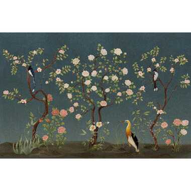 Sanders & Sanders fotobehang - bloemen en vogels - donkerblauw - 424 x 280 cm product
