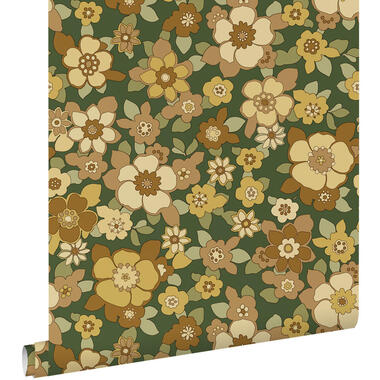ESTAhome behang - retro bloemen - donkergroen en geel - 50 x 900 cm - 131528 product