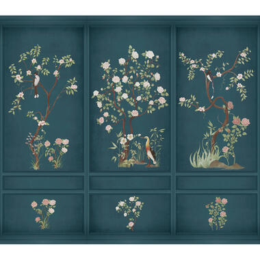 Sanders & Sanders fotobehang - bloemen en vogels - petrolblauw - 318 x 280 cm product