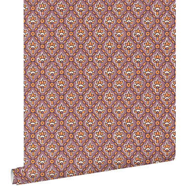 ESTAhome behang vintage bloemen paars en oranje - 50 x 900 cm