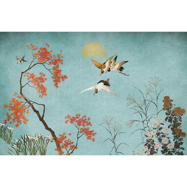 Sanders & Sanders fotobehang - kraanvogels - blauw en oranje - 424 x 280 cm product