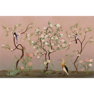 Sanders & Sanders fotobehang - bloemen en vogels - roze en groen - 424 x 280 cm product