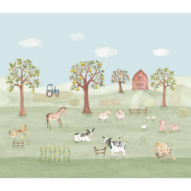 Sanders & Sanders fotobehang - boerderij dieren - groen en blauw - 318 x 275 cm product