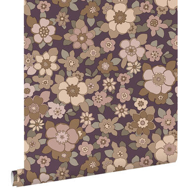 ESTAhome behang - retro bloemen - donker paars en beige - 50 x 900 cm - 131529 product