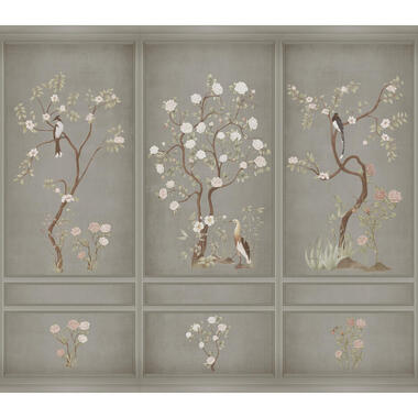 Sanders & Sanders fotobehang - bloemen en vogels - grijs - 318 x 280 cm - 640806 product