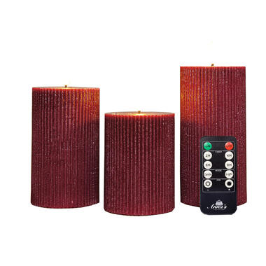Anna Collection LED stompkaarsen - 3x - bordeaux rood - ribbel product
