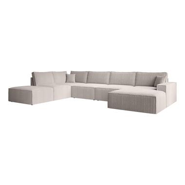 Meubella - Manolo - Hoekbank 5-zits met chaise longue - Ribstof beige - Rechts product