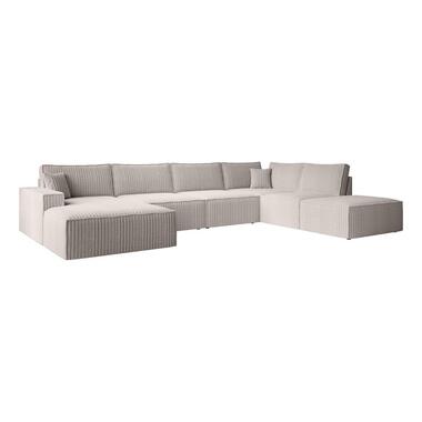 Meubella - Manolo - Hoekbank 5-zits met chaise longue - Ribstof beige - Links product
