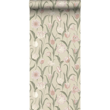 Borastapeter behang - bloemen - roze, groen en warm beige - 53 cm x 10.05 m product