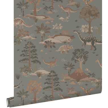 ESTAhome behang dinosaurussen vergrijsd blauw en bruin - 50 x 900 cm