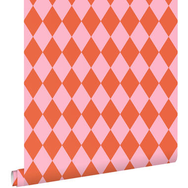 ESTAhome behang ruiten oranje en roze - 50 x 900 cm