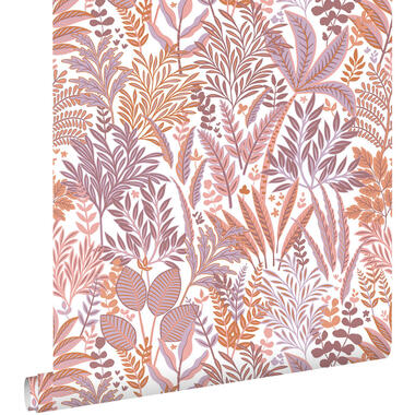ESTAhome behang - tropische bladeren en bloemen - oranje en paars - 50 x 900 cm product