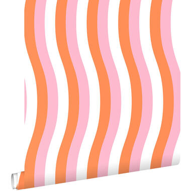 ESTAhome behang - golvende strepen - oranje en roze - 50 x 900 cm - 131613 product