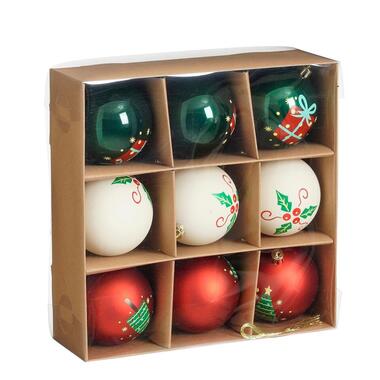 Mica Decorations Kerstballen Set - 9 Stuks - Ø8 cm - Wit, Rood, Groen