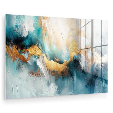 MuchoWow Glasschilderij 90x60cm Abstract Kunst Gold Blauw product