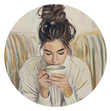 Glasschilderij Koffiepauze - Ø 70cm - Beige product