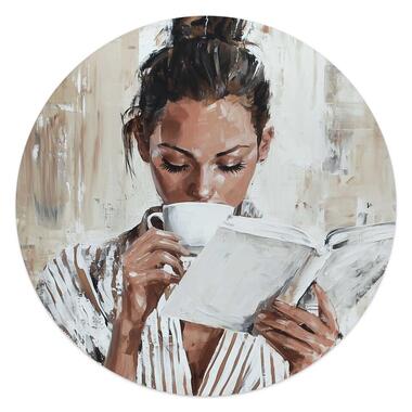 Glasschilderij Ochtendkoffie met een Boek I - Ø 50cm - Beige product