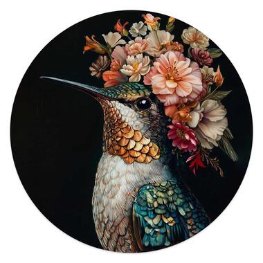 Glasschilderij Kolibrie met bloemenkroon - Ø 50cm - Bont product