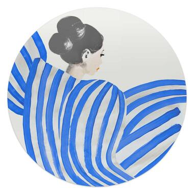 Glasschilderij Vrouw in Blauwe Strepen - Ø 50cm - Blauw product