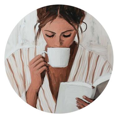 Glasschilderij Ochtendkoffie met een Boek II - Ø 70cm - Beige product