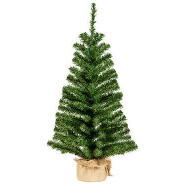 Bellatio Decorations Kunst kerstboom - groen - H90 cm - jute zak