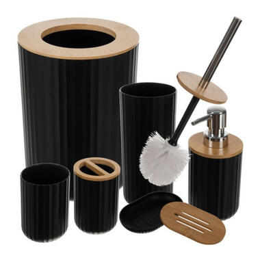 Ruhhy badkamerset - 6 delig - zwart - kunststof/RVS/bamboe