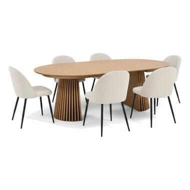 Hioshop Tokyo eethoek eettafel natuur- 6 stoelen met beige ribfluweel