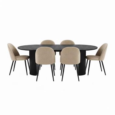 Hioshop Kyoto eethoek eettafel donkerbruin- 6 stoelen met beige velours