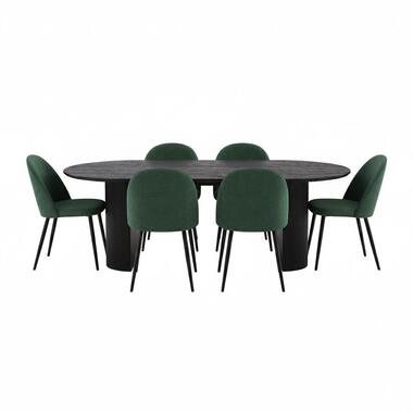Hioshop Kyoto eethoek eettafel donkerbruin- 6 stoelen met groene velours