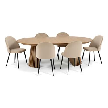 Hioshop Tokyo eethoek eettafel natuur- 6 stoelen met beige velours bekleding